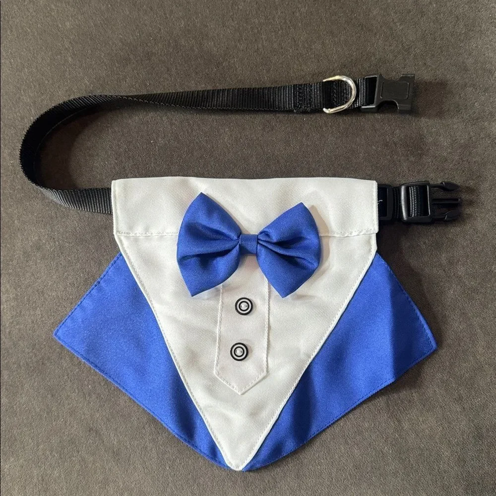 Blue and White Tuxedo Suit Design Pet Dog Bandana with attached Bow Tie NEW